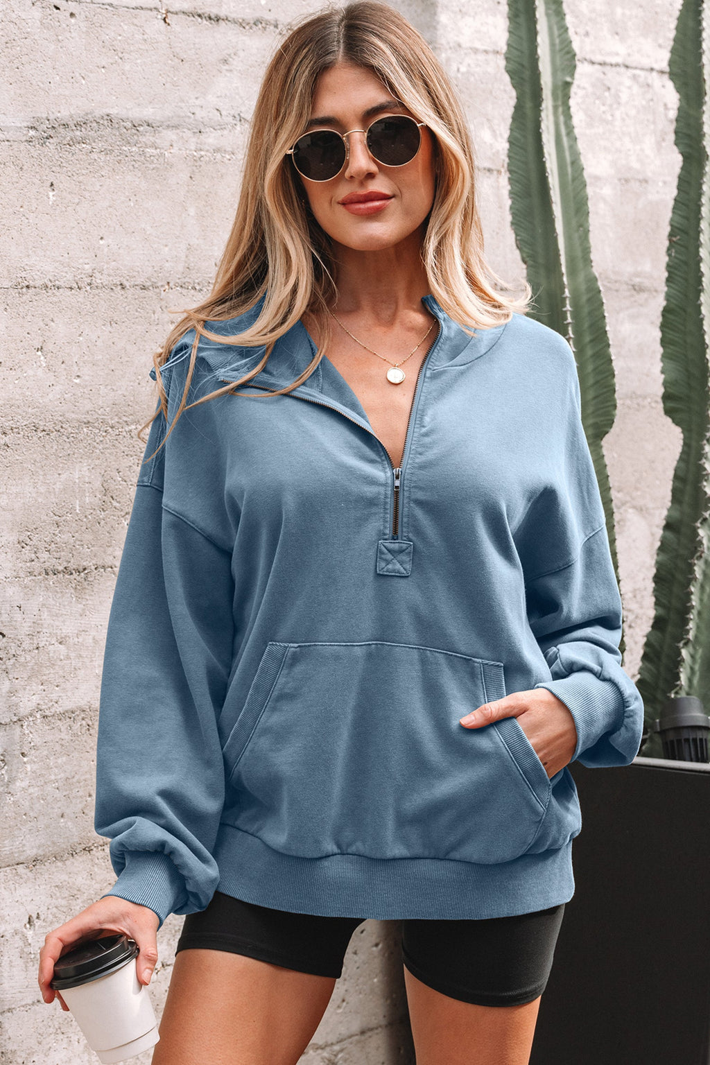 Half Zip Kangaroo Pocket Mineral Wash Baggy Hoodie