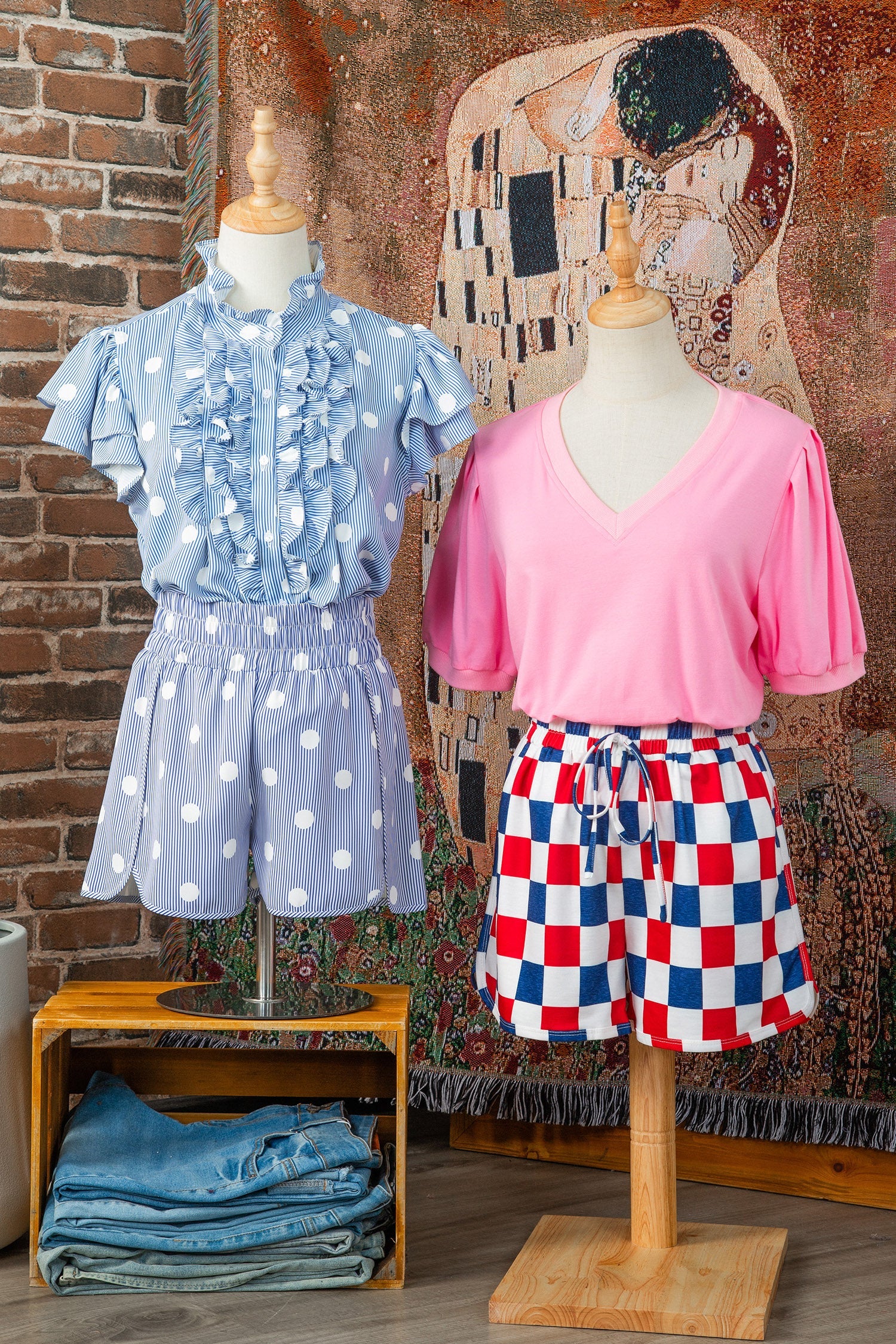 Sky Blue Polka Dot Print Shirred High Waist Casual Shorts