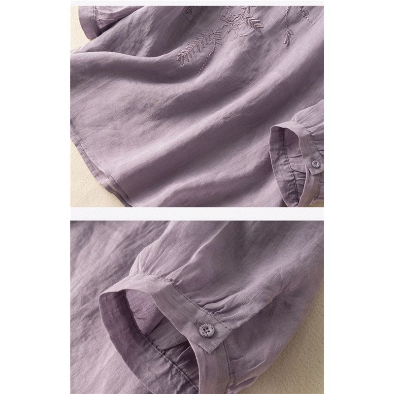Women's Short Sleeve Cotton Linen Embroidered Lightweight Literary Pleated Blouse