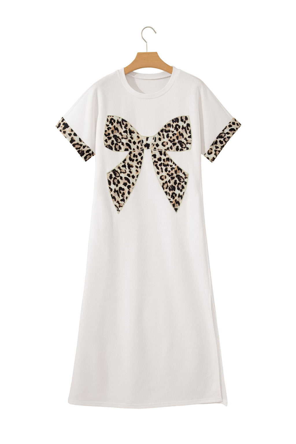 White Contrast Leopard Bow Patched Short Sleeve T Shirt Long Dress