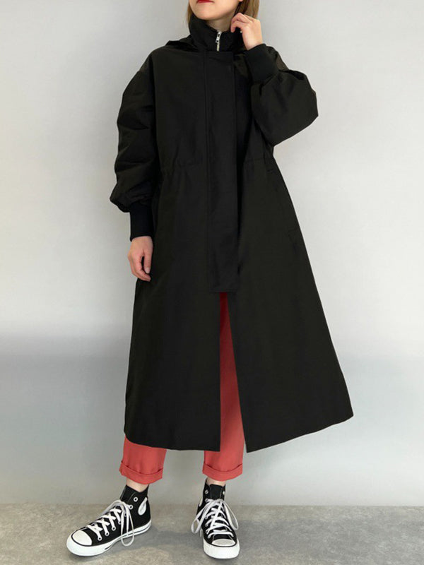 Loose Long Sleeves Drawstring Solid Color Zipper Hooded Trench Coats Outerwear