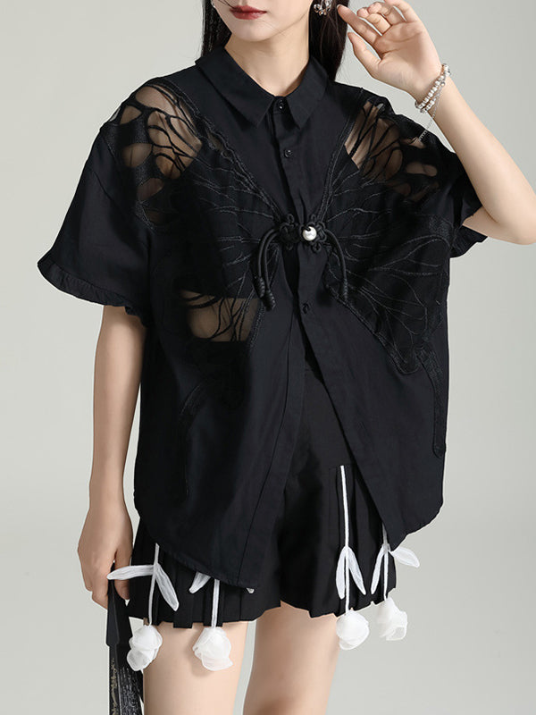 Half Sleeves Loose Buttoned Mesh Reversible See-Through Split-Back Split-Joint Lapel Blouses&Shirts Tops