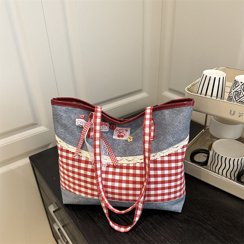 Korean Lace-Trim Color-Block Plaid Tote Bag