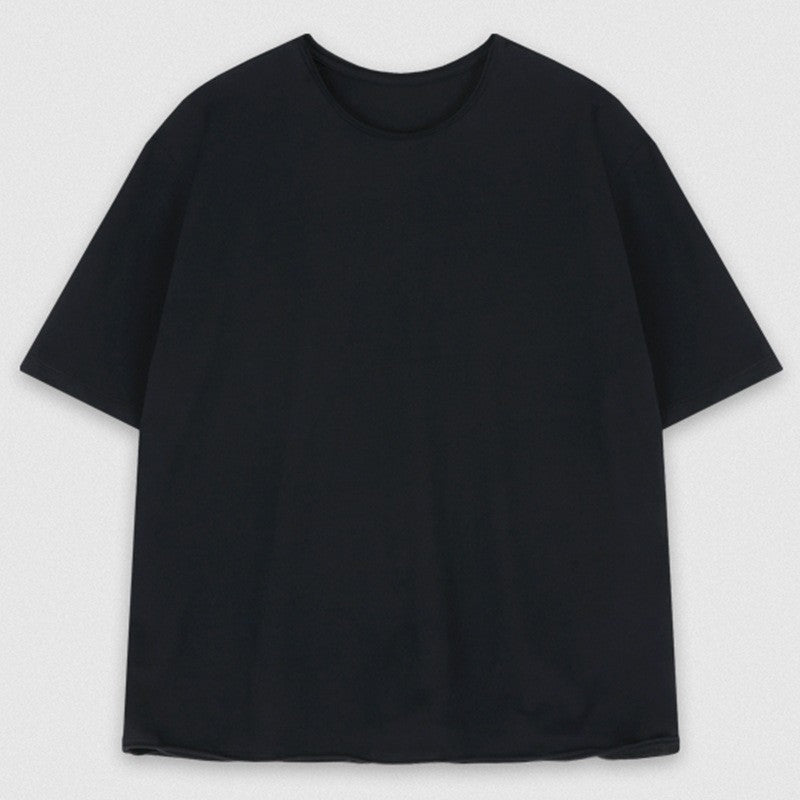 Round-Neck Short-Sleeved Plain T-Shirt With Contrast Hem For Women.