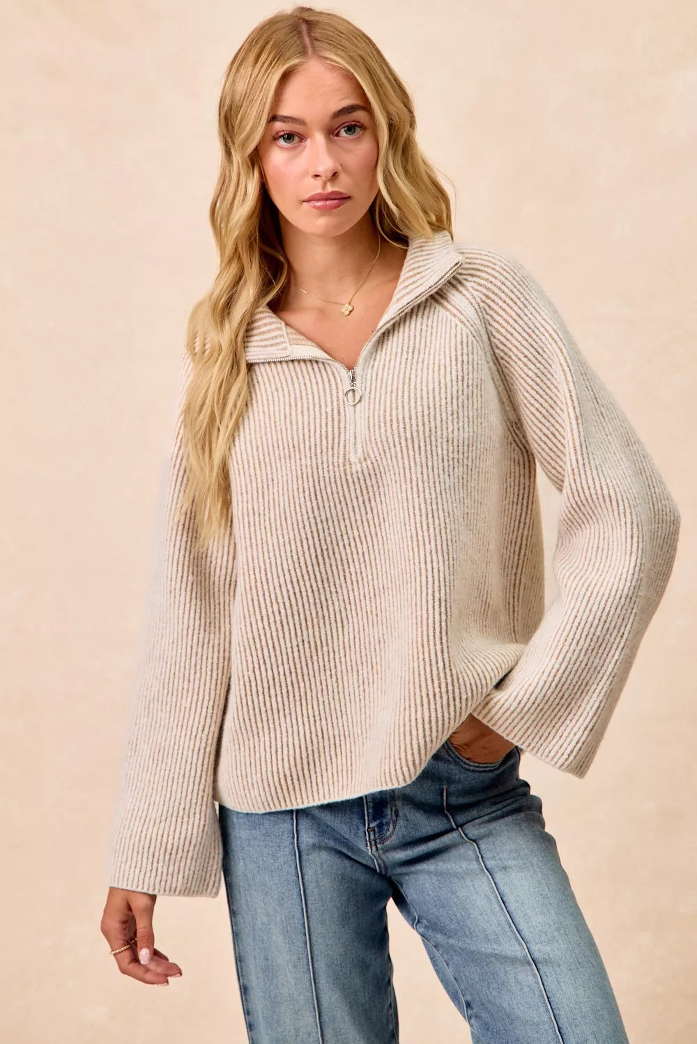 Two Tone Rib Texured Knit Collared Top with Zip Up