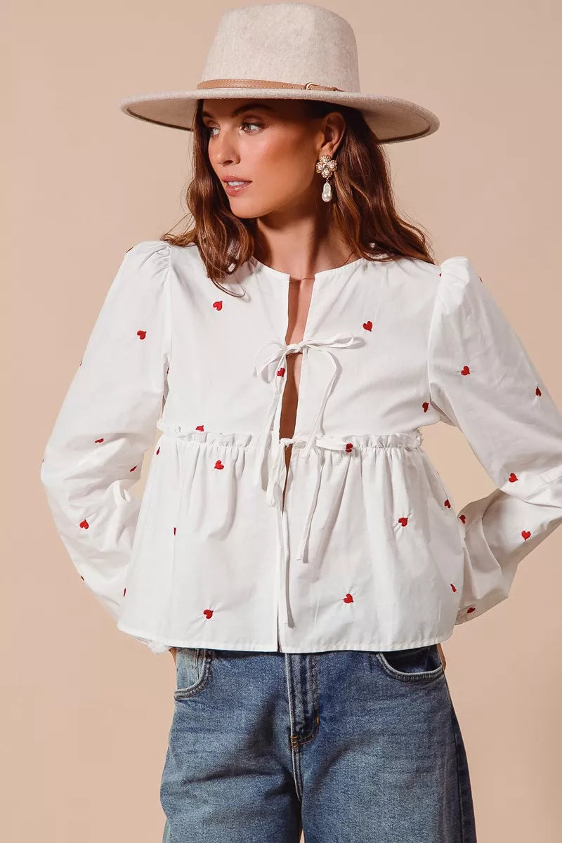 Front Tie Heart Embroidered Blouse With Puff Sleeve