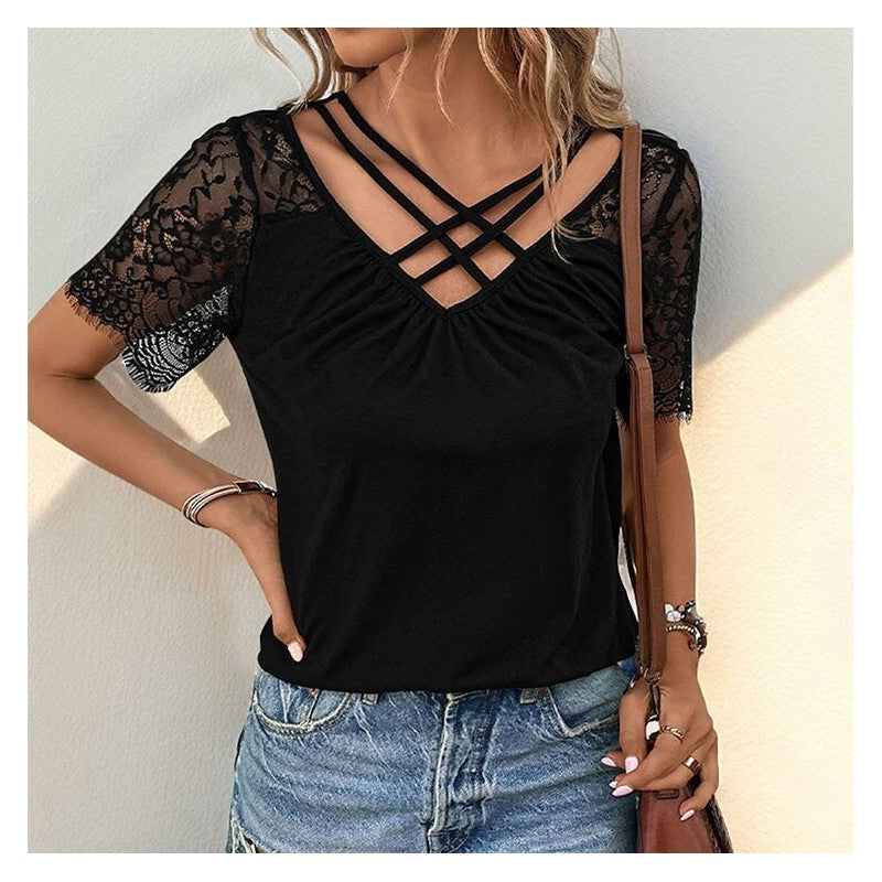 V-Neck Lace Patchwork Casual Short Sleeve Top