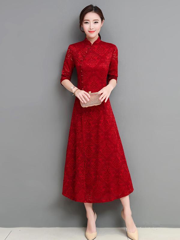 Red&Green Lace A-line Long Cheongsam Ao Dai