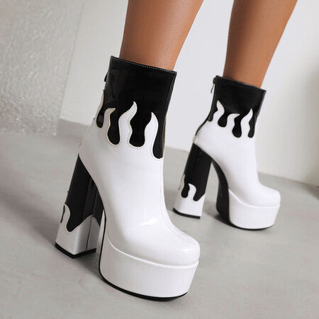 Women's Patent Leather Colorblock Ankle Boots | Chunky Heel Zipper Boots