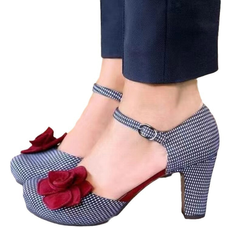 Women's Red Camellia Lattice Hollow Sandals - Round Toe Single Strap Buckle Heels