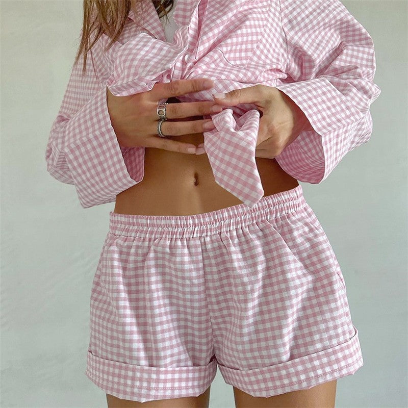 Plaid Cardigan and Long Pants Pajama Set