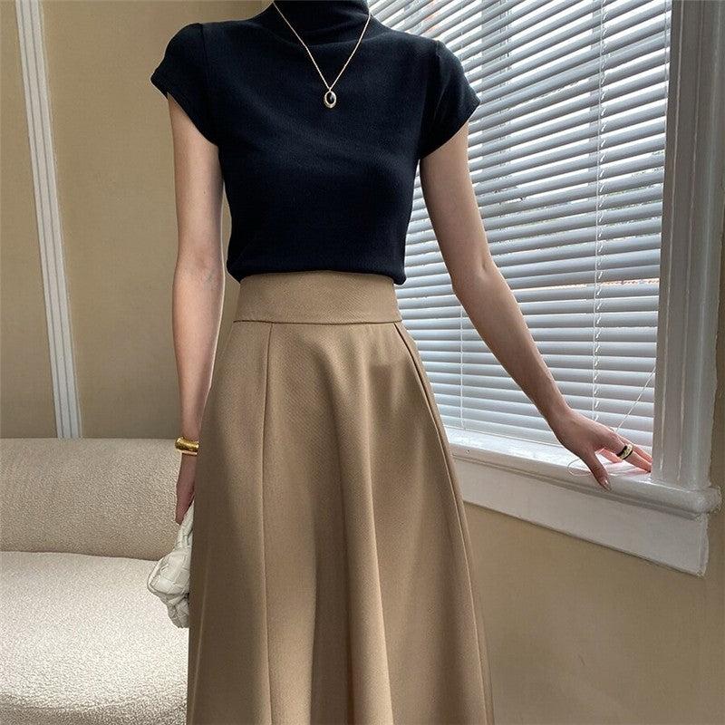High-Waisted A-Line Midi Skirt in Solid Color