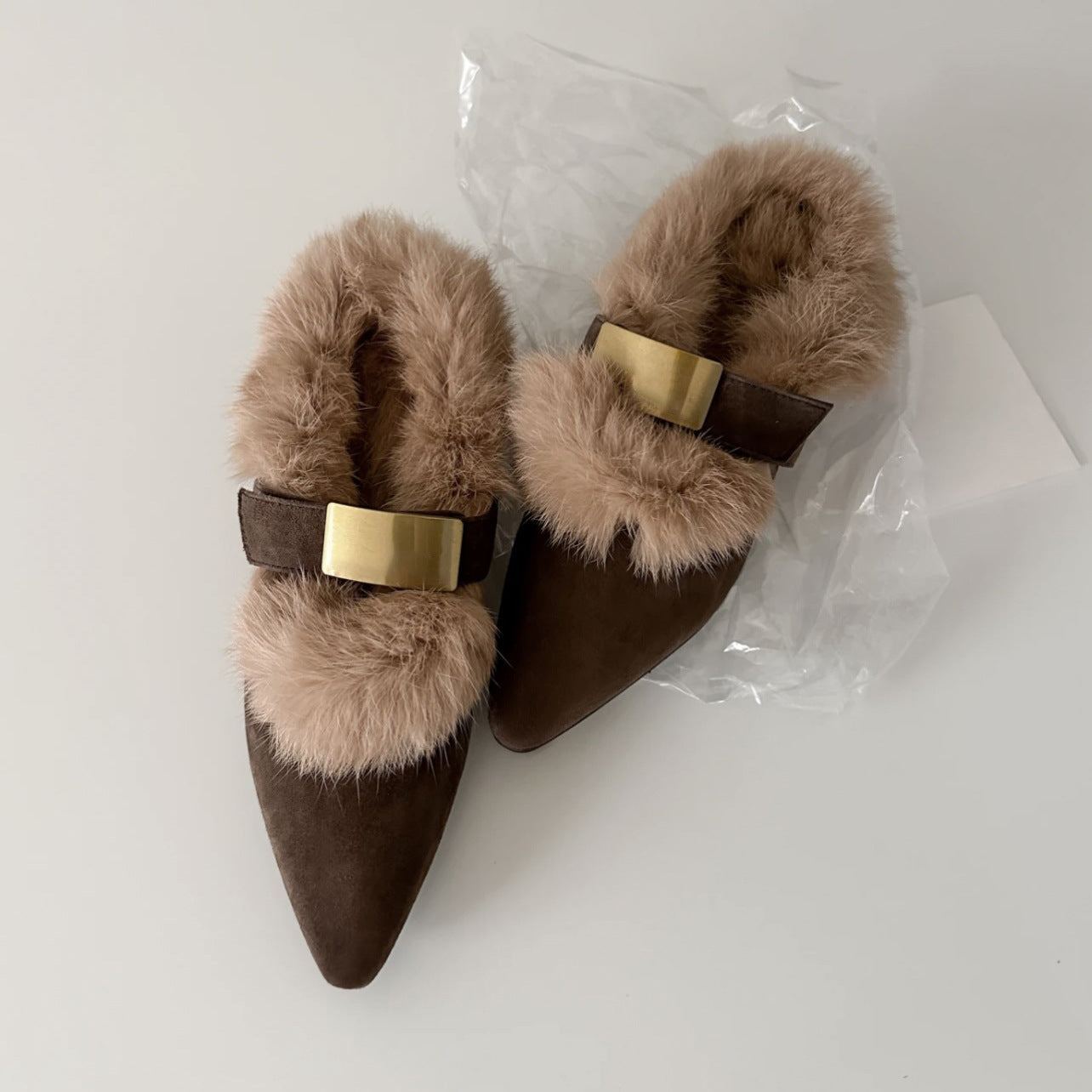 Women's Retro Slingback Furry Flat Shoes | Pointed Toe Buckle Plush Casual Shoes