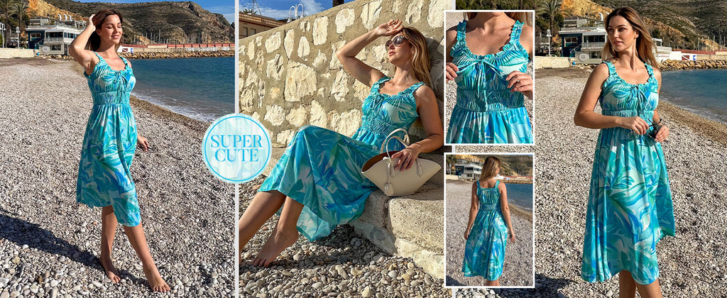 Kate Kasin Womens Floral Wedding Guest Dress Sleeveless Blue Leaves Size M