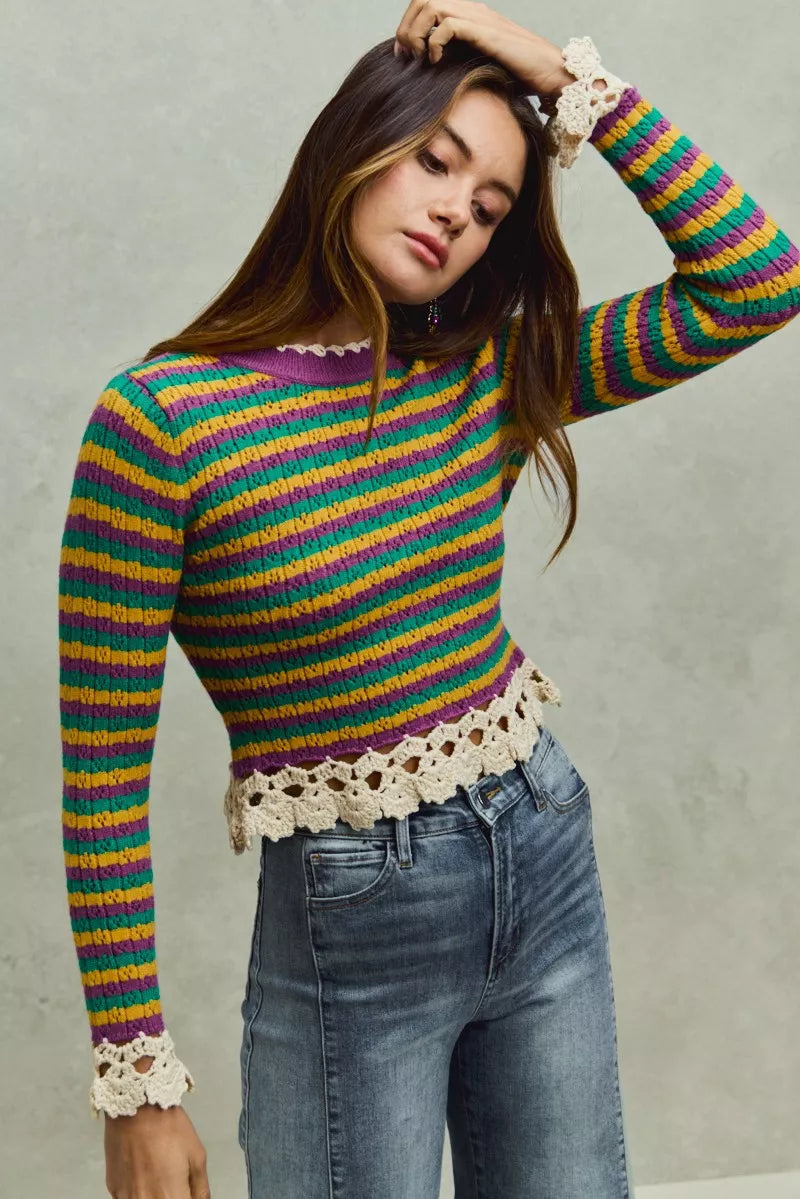 Mardi Gras Striped Cropped Knit Top with Crochet Edge