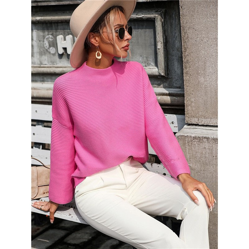Solid Color Long Sleeve Crewneck Casual Loose Pullover Knitted Sweater