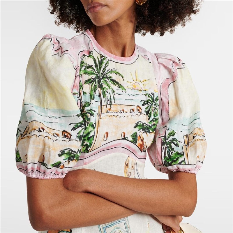Stylish Printed Bubble Sleeve Bodycon Dress