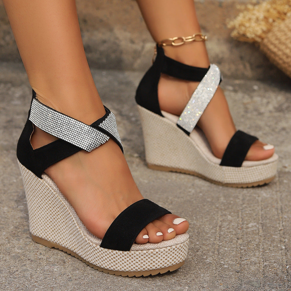 Women's Rhinestone Wedge Sandals | Fish Mouth Platform High Heel Summer Shoes
