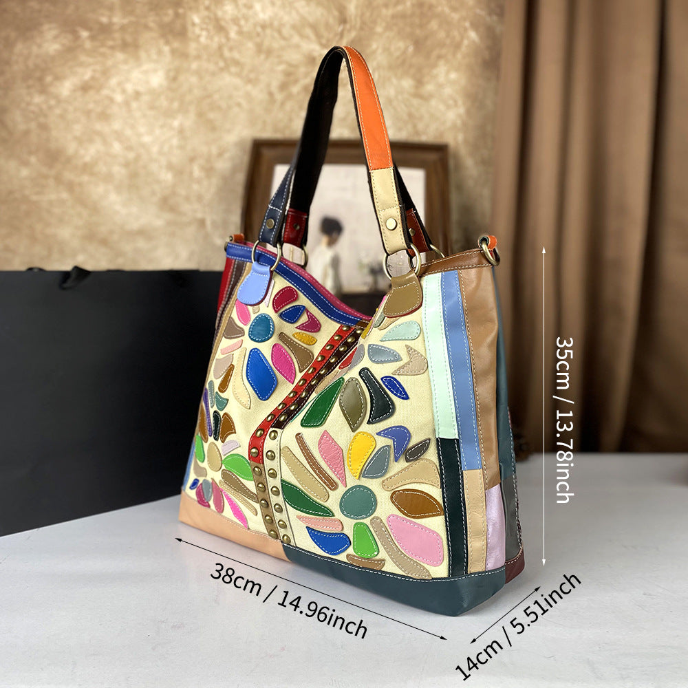Women's Genuine Leather Crossbody Bag - Large Capacity Nautical Floral Design
