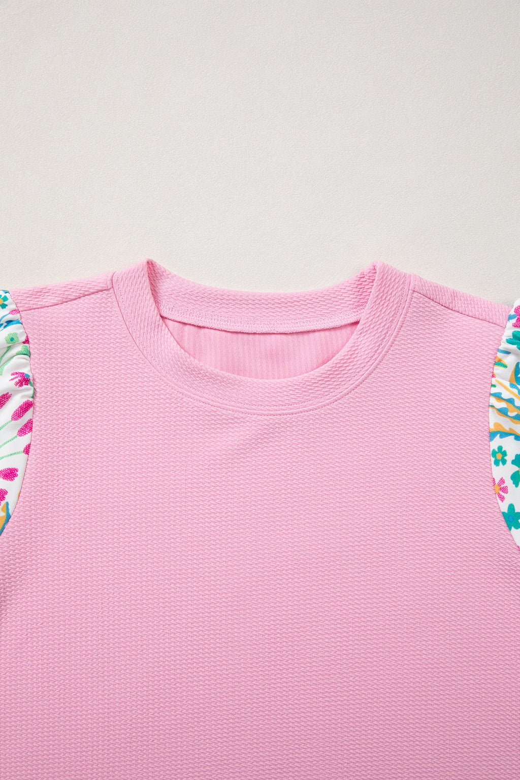 Pink Round Neck Textured Contrast Floral Bubble Sleeve Blouse