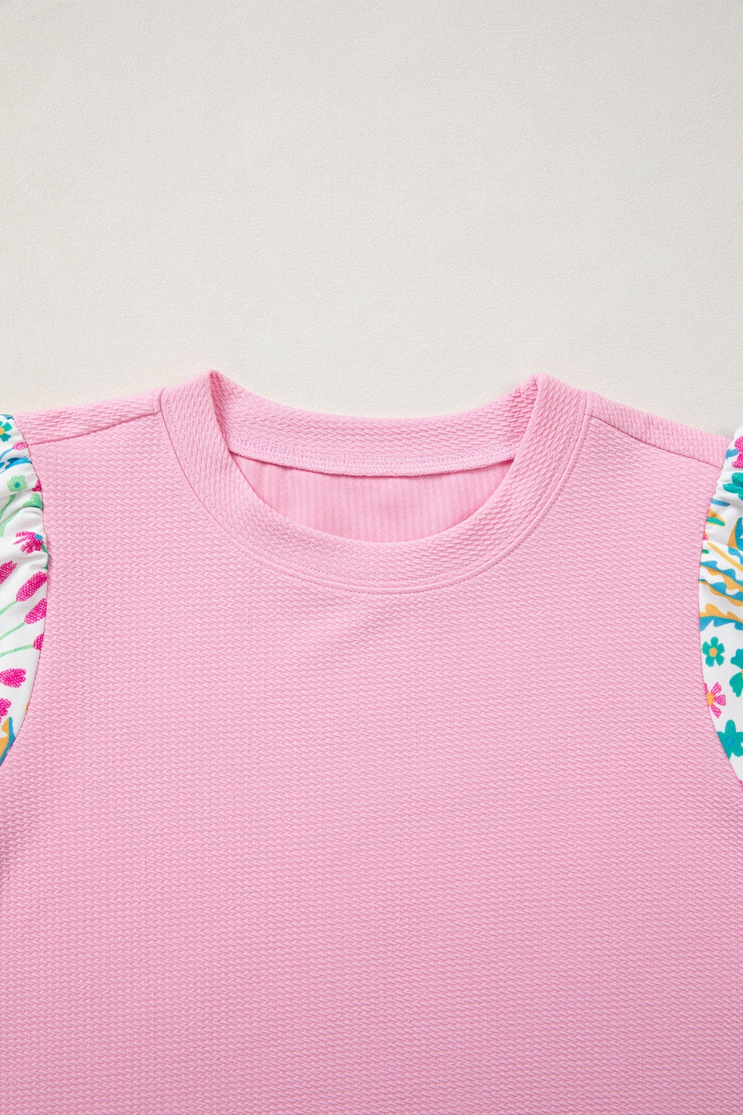 Pink Round Neck Textured Contrast Floral Bubble Sleeve Blouse