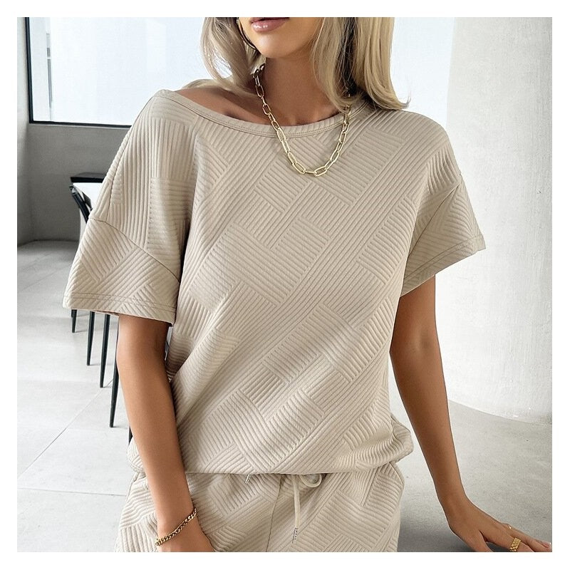 Knit Casual Round Neck Top and Shorts Ensemble