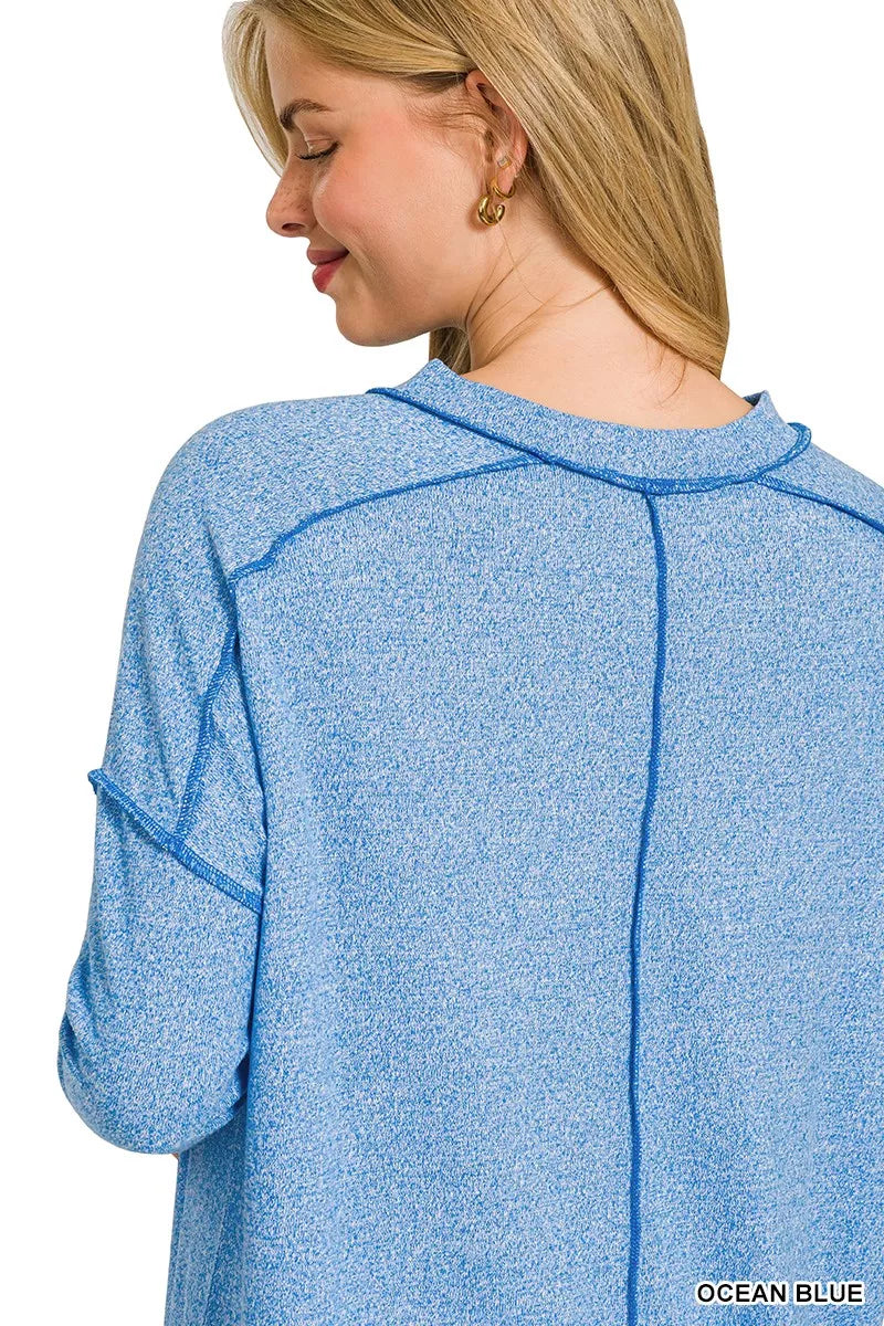 Full Size Melange Hacci Exposed Seam Hi-low Tee Plus Size