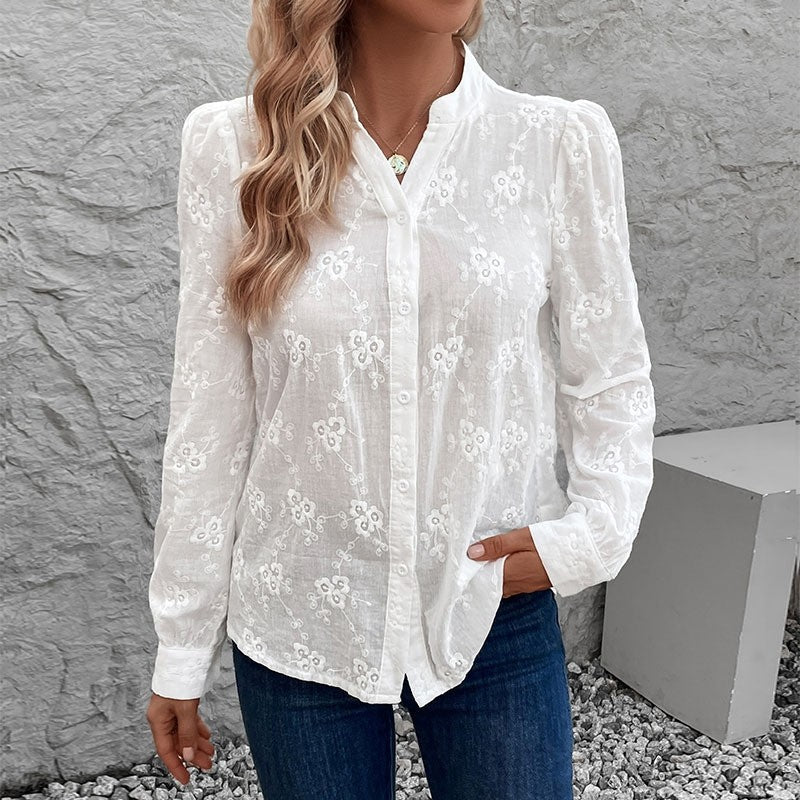 White Lace Embroidered Long Sleeve Blouse