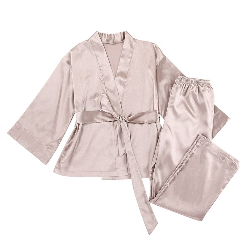 Solid Color Satin Lace-Up Robe and Pants Set