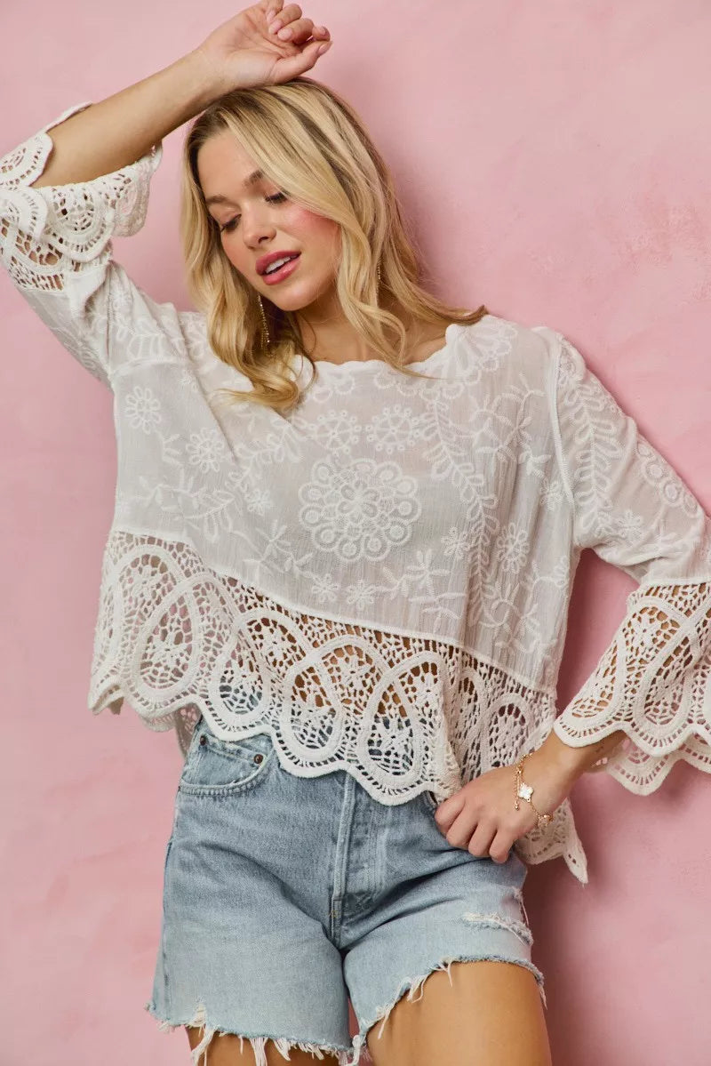 Floral Embroidered Crochet Lace Trimmed Top