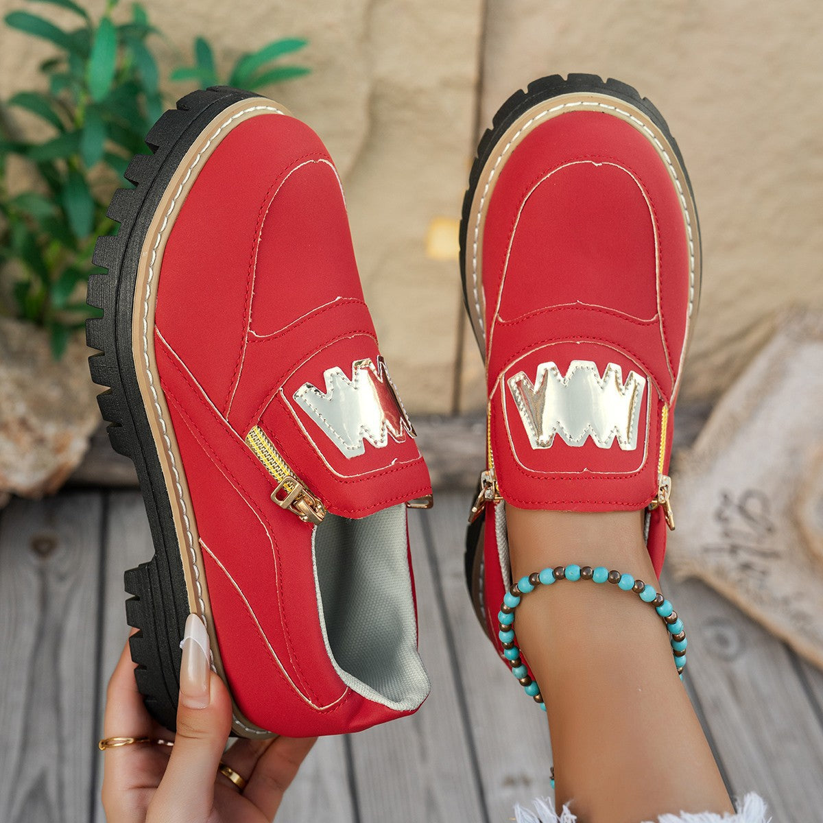 Women's Plus Size Chunky Platform Loafers | Side Zipper Block Heel Shoes