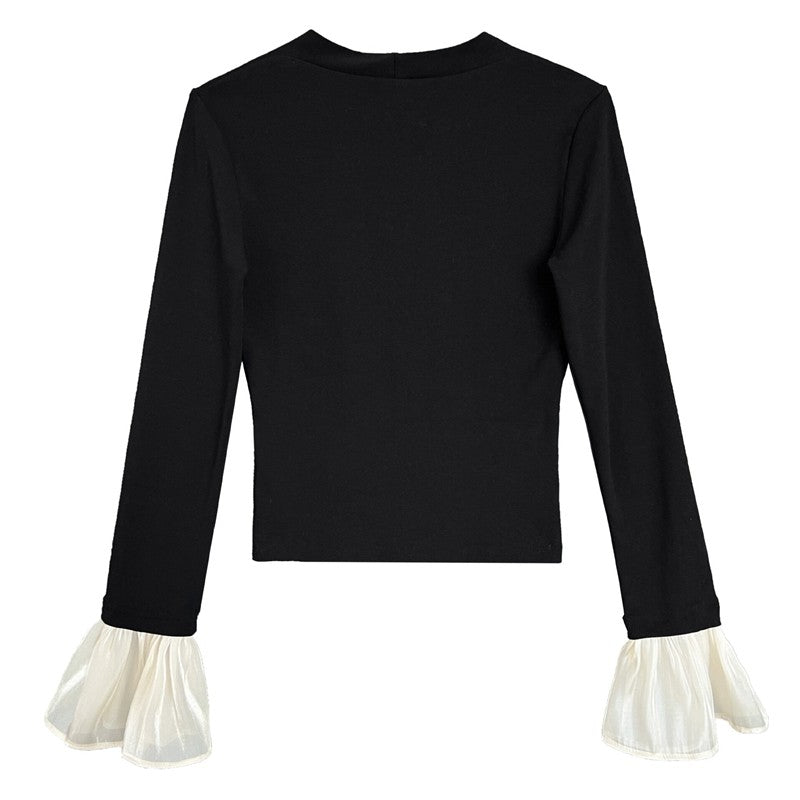 V-Neck Knit Patchwork Flare Sleeve Top