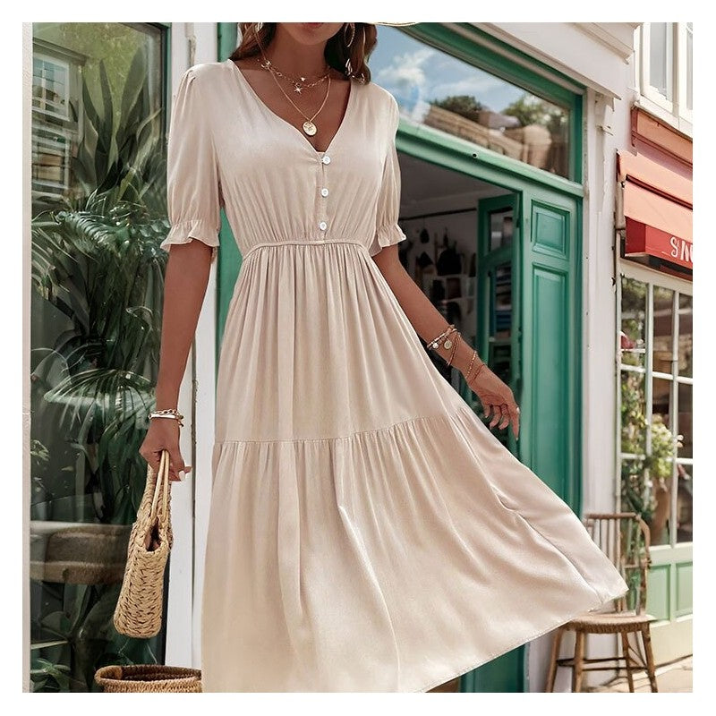 Stylish V-Neck Dress with Waist Cinching - Solid Color