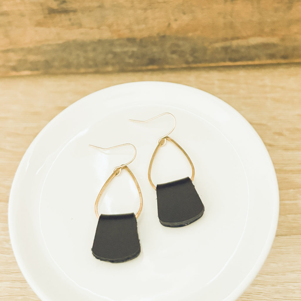 Dainty Boho Black Leather Drop Earrings