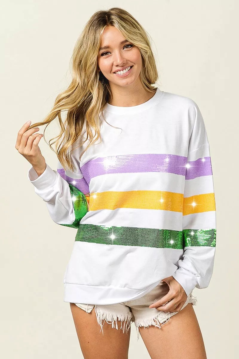 Sequin Mardi Gras Striped Round Neck Sweatshirt