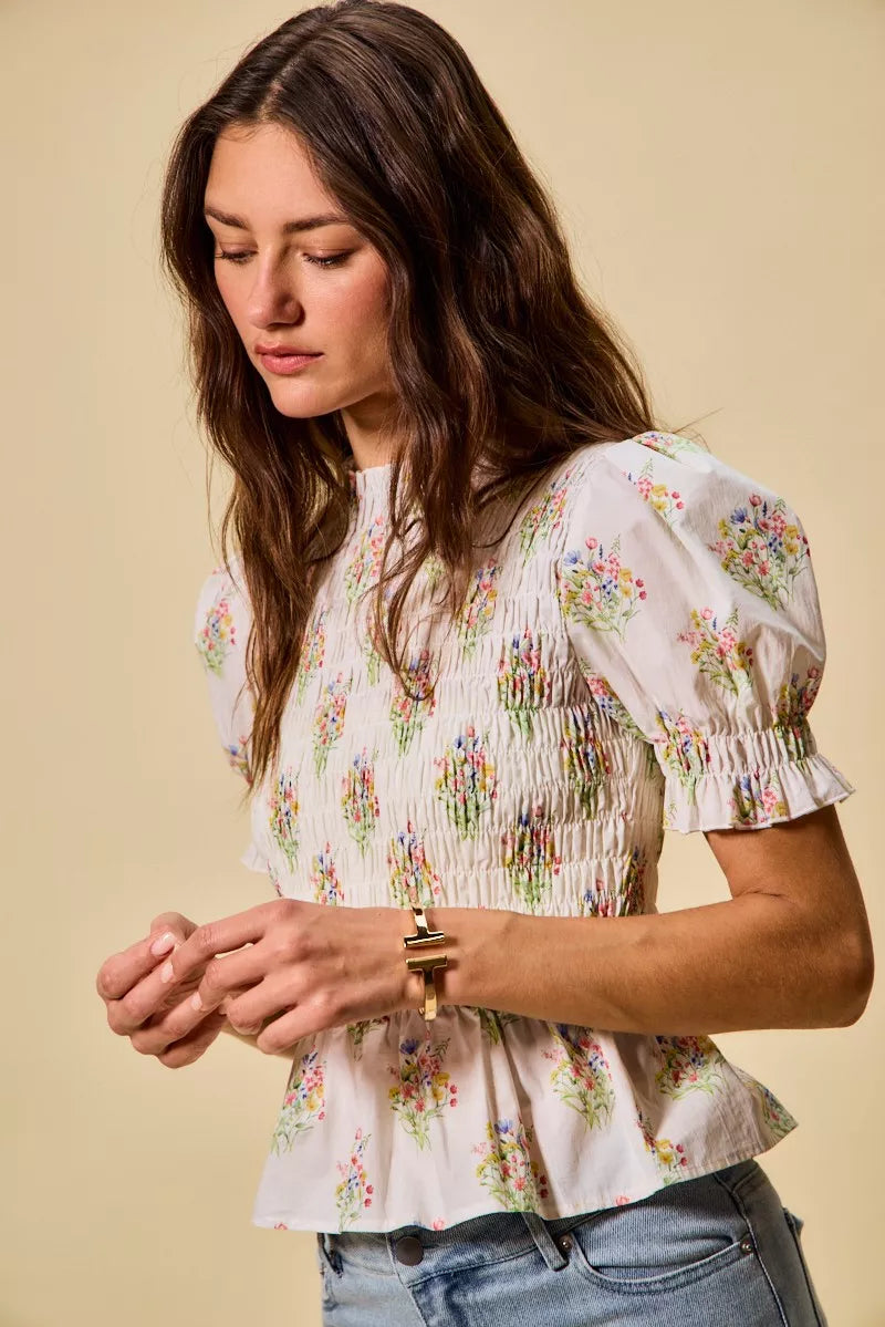 Floral Cotton Smocked Short Sleeves Blouse