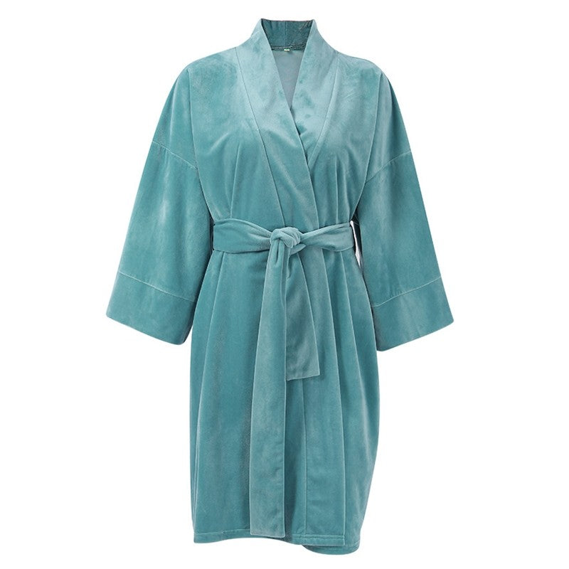 Solid Color Crystal Velvet Nightgown with Long Sleeves and Waist Tie