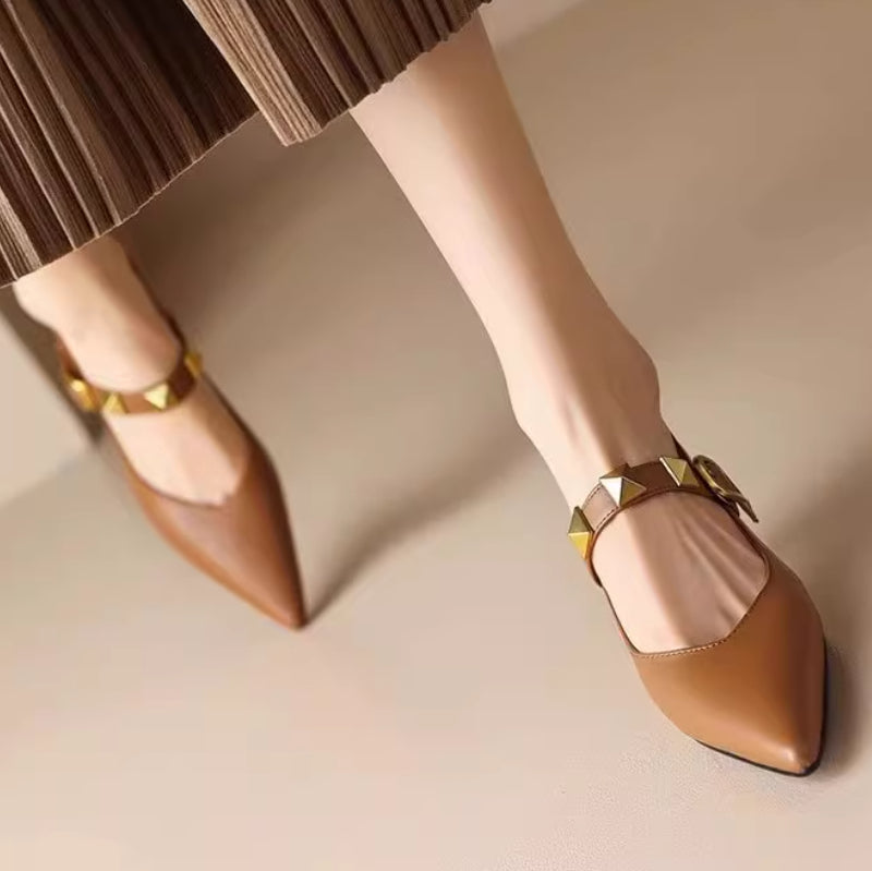 Women's Pointed-Toe Stud Heels | Single-Strap Buckle Flats with Rivet Detail