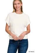 Round Neck Banded Botton Short Sleeve Sweater