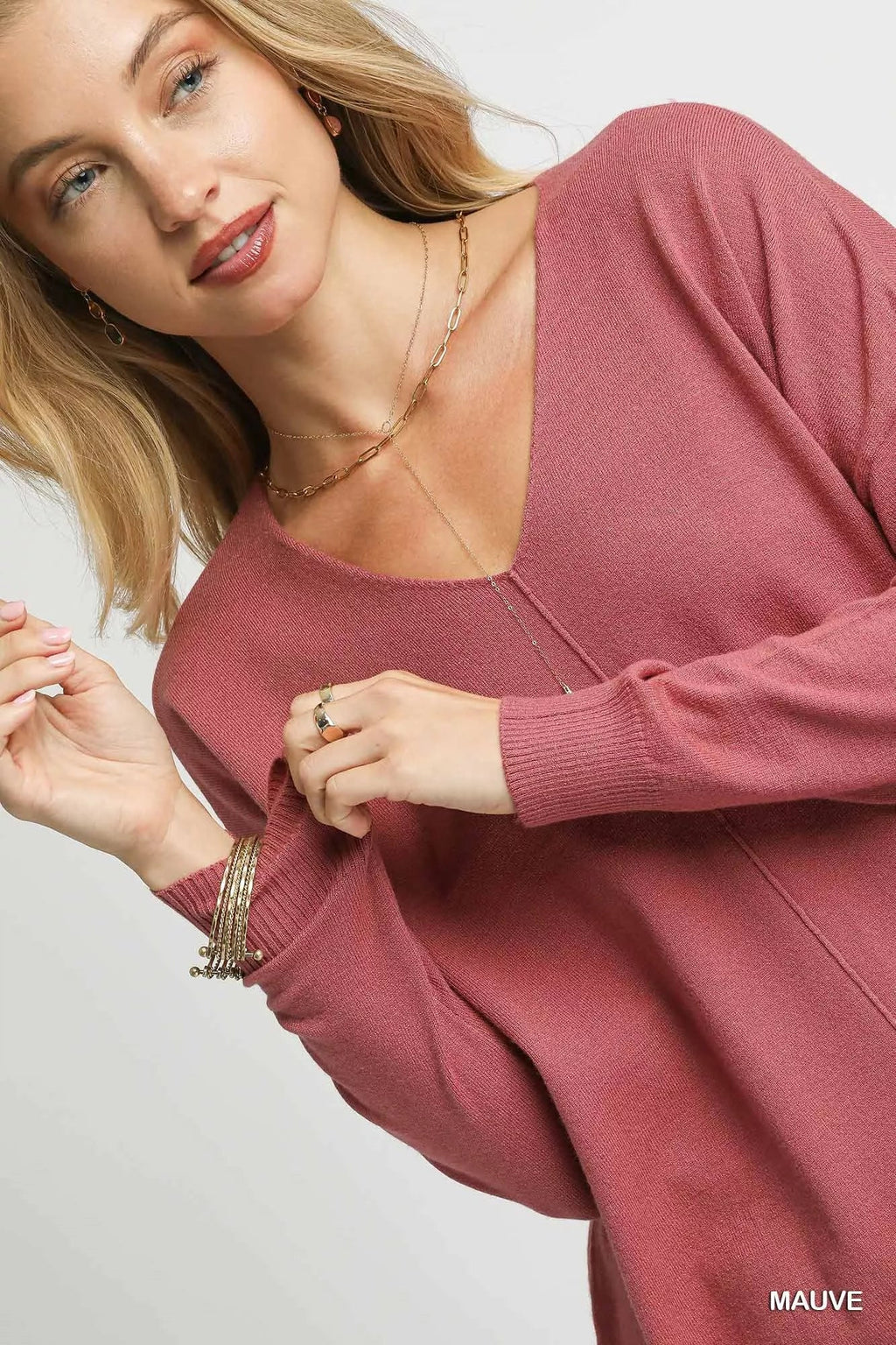 V-Neck High Low Hem Knit Top with Side Slit