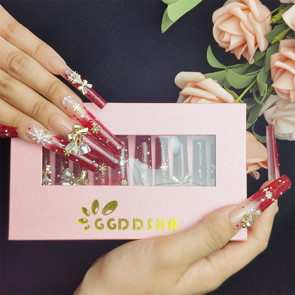 GGddsha Long Handmade PMMA Acrylic Nails Red WithSnowflake Rhinestone Bell Design Reusable Full CoverageFalse Nail Ladies False Nail Set,Lumiere Neige