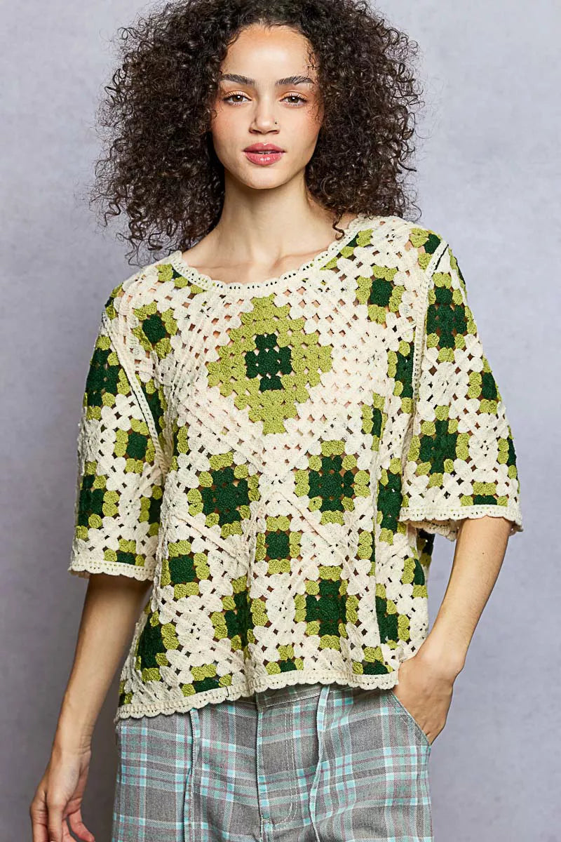 Round Neck Short Sleeve Color Pattern Crochet Top with Border Accents