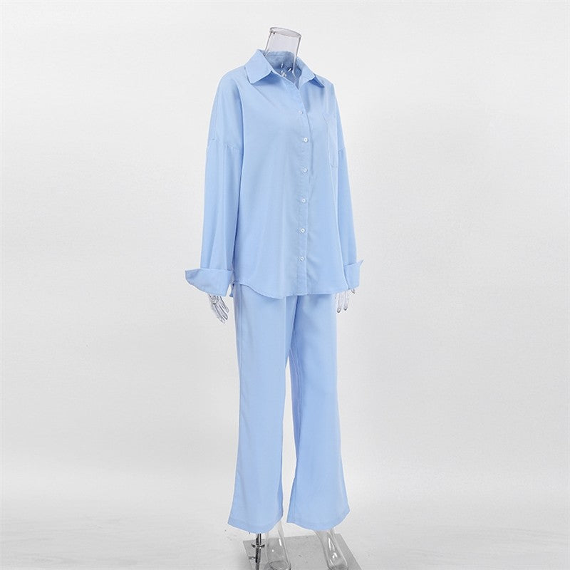 Casual Solid Color Shirt and Pants Ensemble