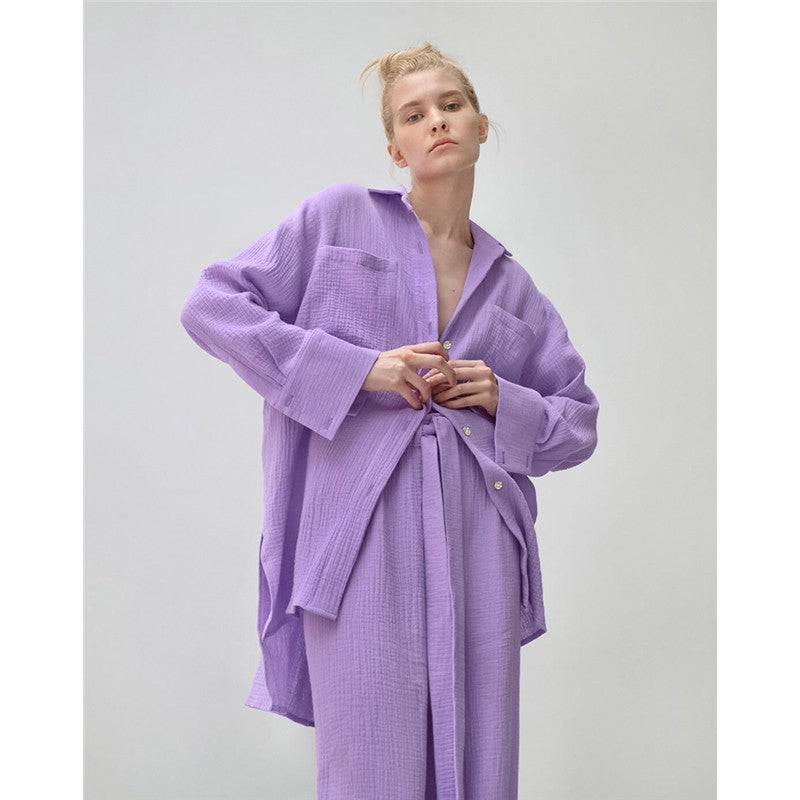 Solid Color Loose Long Sleeve Lapel Buttoned Waist Tied Blouse and Pants Two-Piece Loungewear Set