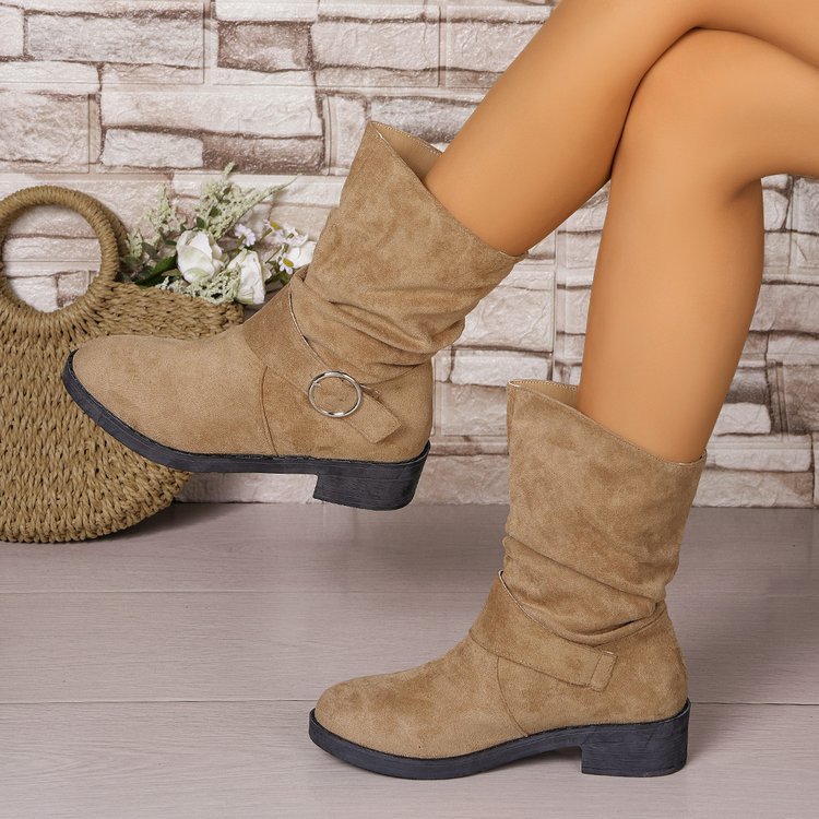 Women's Suede Chunky Heel Ankle Boots - Round Toe Cutout Design Winter Footwear