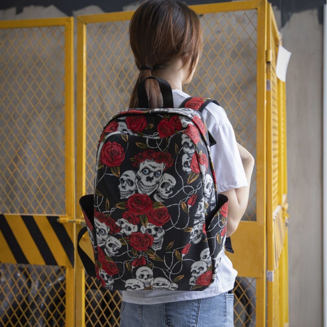Skull & Rose Hooded Canvas Backpack – Women's Retro Gothic Travel Bag