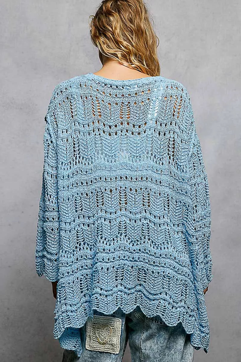 Openwork Lightweight Open Front Cardigan with Scalloped Edge