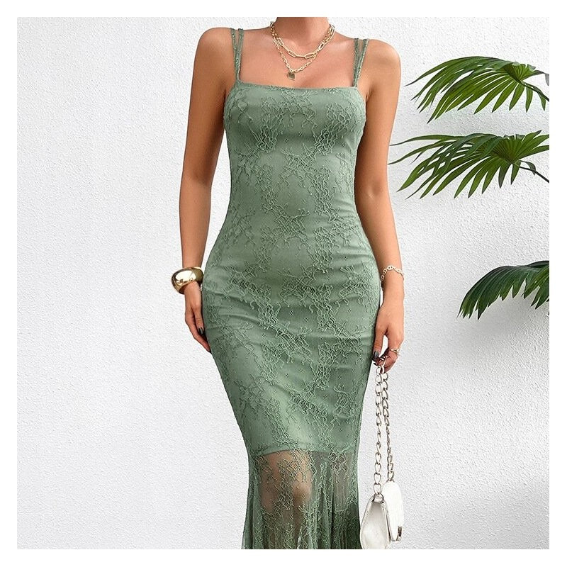 Stylish Lace Sling Dress in Solid Color