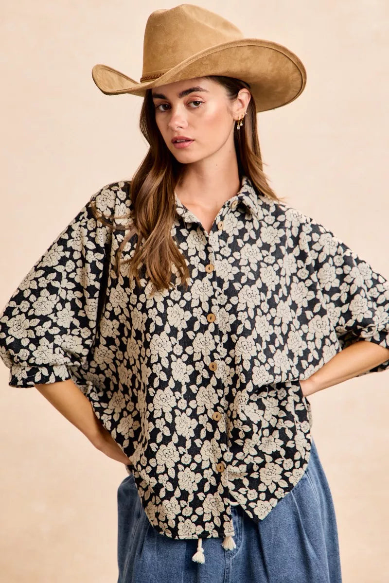 Floral Jacquard Short Dolman Sleeves Shirt