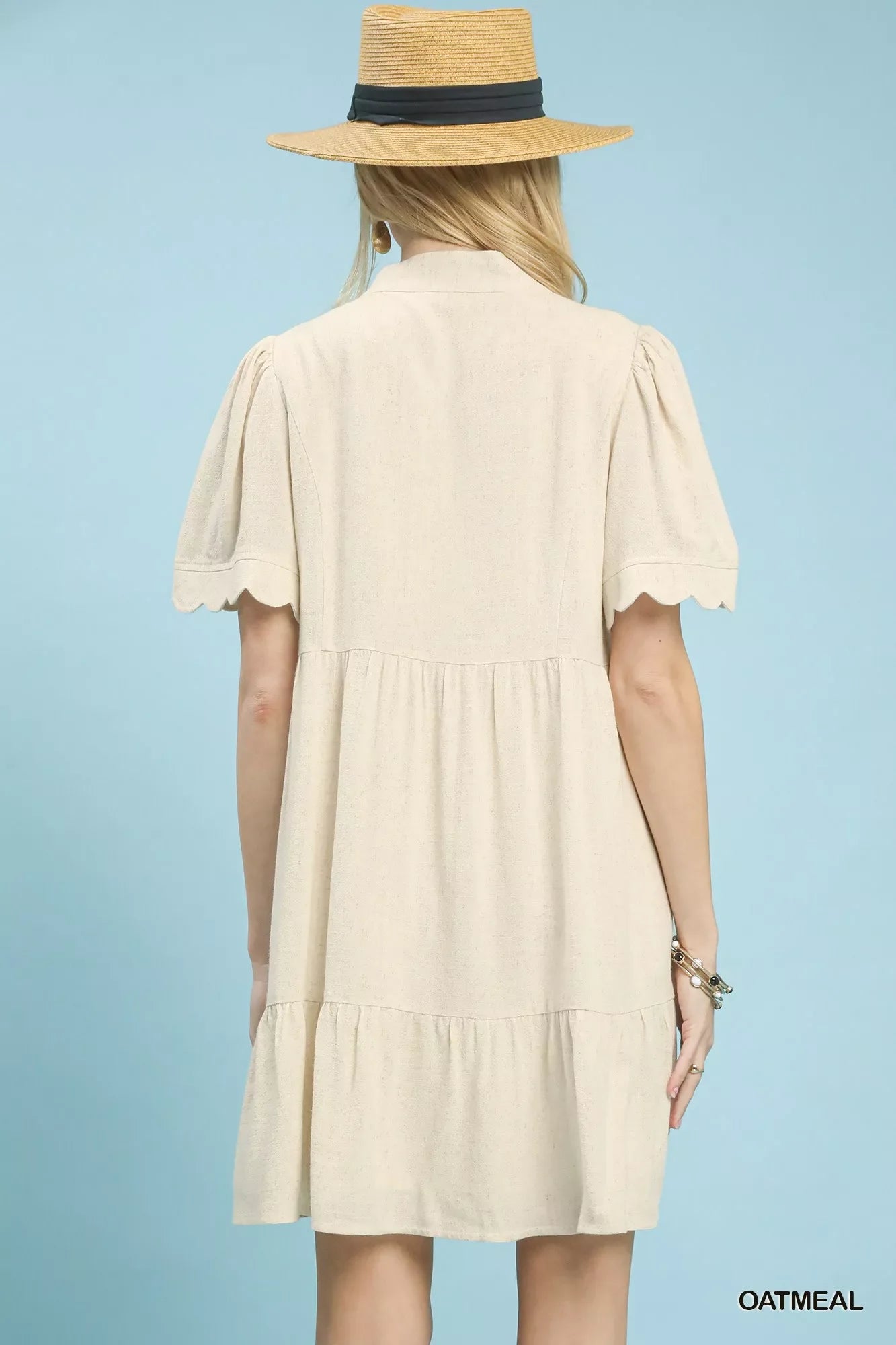 Linen Tiered Babydoll Dress with Scalloped Sleeves